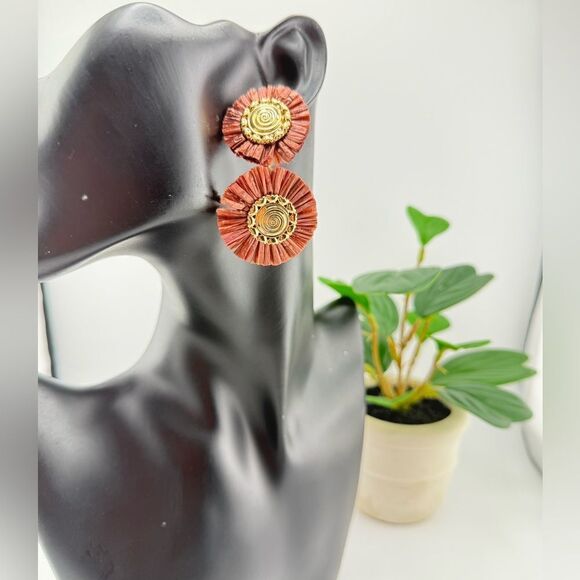 Boho Double Disc Statement Earrings — Warm Terracotta & Gold - Picture 3 of 7